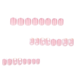 Spring French white flower press-on nails set with pink base and glossy floral design