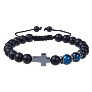 Cross Beaded Bracelet Natural Stone Tiger Eye Matte Black Beads Adjustable Braided Rope Religious Jewelry Gift