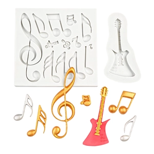 Silikonformen-Set für Fondant mit Musiknoten und E-Gitarren-Motiven für Tortendekoration