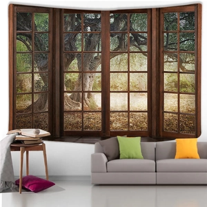 3D nature landscape wall tapestry with rustic window view of trees for room decoration