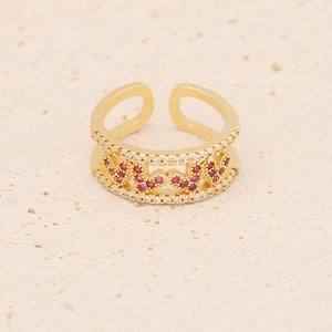 Adjustable gold ring set with heart and star patterns in pink and white zircon stones
