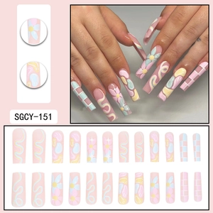 Pastel flower and plaid patterns on pink press-on nails set, 24 pieces in various sizes