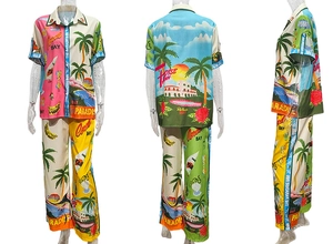 Three-view layout of summer set with tropical palm prints and paradise bay text