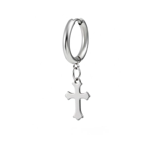 Detail of silver stainless steel hoop earring with cross pendant in polished finish