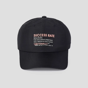 Detailed macro view of the embroidered SUCCESS RATE lettering on black nylon baseball cap