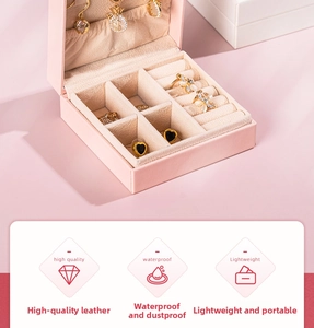 Pink textured leather jewelry box with ring foam slots and divider compartments