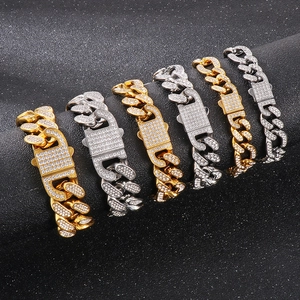Iced out gold and silver Cuban link chain bracelets for men with sparkling rhinestones