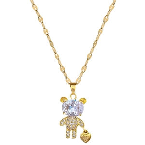 Titanium steel golden bear necklace with clear crystal head and micro-paved heart charm