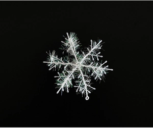 Detailed macro view of white snowflake ornament with iridescent fiber texture on dark background