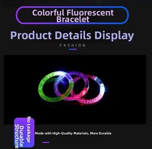Detailed view of LED glow bracelets in three colors with internal bubble texture