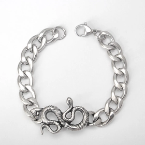 Vintage silver snake pendant Cuban link bracelet in stainless steel with lobster clasp