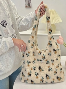Cute off-white plush flower tote bag for women with soft faux lambswool texture