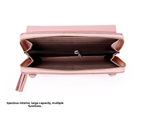 Pink crossbody phone bag detail showing card slots, zipper pouch and spacious interior