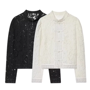 Women Long Sleeve Lace Blouse Stand Collar Hollow Out Frog Button Elegant New Chinese Style Elegant Shirt Top Slim Fit