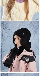 Detail of kids black winter knitted hat set with ear protection and warm fleece lining