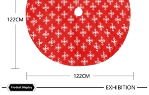 Macro detail of red 122cm Christmas tree skirt with white snowflake jacquard patterns