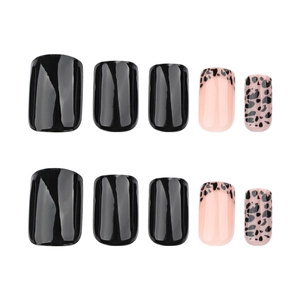 Glossy leopard print and solid black square short fake nails in a sleek flat layout
