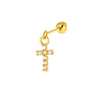 Eleganter vergoldeter Kreuz-Piercing-Ohrstecker mit funkelnden klaren Zirkonia-Steinen.