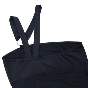 Detail of black irregular one-shoulder dress with mesh stitching and metal ring strap