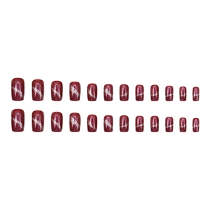 Deep wine red cat eye press on nails with silver glitter highlights in a 24-piece set