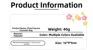 Polyester floral cosmetic bag product specifications showing size 16x9x9cm and 40g weight
