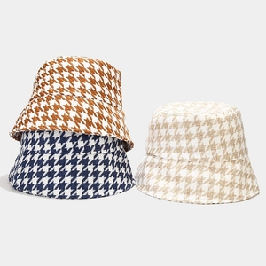 Women Bucket Hat Houndstooth Pattern Thick Tweed Fabric Warm Autumn Winter Retro Fashion Outdoor Accessory