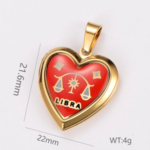 Golden heart stainless steel Libra pendant with red enamel inlay and size details