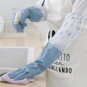 Long Sleeve Waterproof Household Cleaning Gloves Fleece Lined PVC Dishwashing Kitchen Bathroom Nordic Printed Pattern For Women