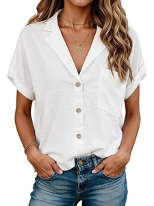 Camicia bianca da donna a maniche corte con trama verticale e colletto a rever