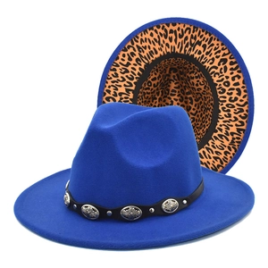 Royal blue fedora hat with metal studded leather belt and leopard print lining