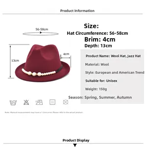 Chapeau fedora en laine bordeaux avec ruban de perles blanches et dimensions