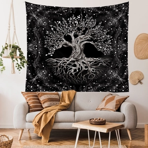 Detail of life tree tapestry wall hanging with starry sky background in a living room