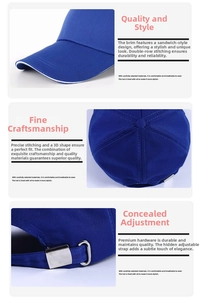 Detail of navy cotton baseball cap showing sandwich brim and metal buckle adjustment