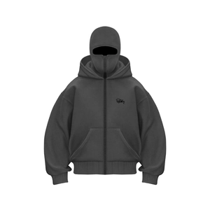 Y2K dunkelgrauer Fleece-Hoodie mit Balaclava-Reißverschluss und doppeltem Kapuzendesign