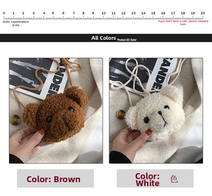 Close-up of cute plush bear crossbody bags in brown and white teddy fleece texture