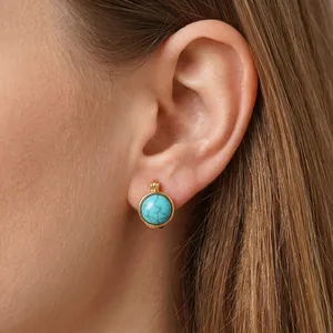 Boucles d'oreilles vintage en résine turquoise ronde avec anneau en métal doré