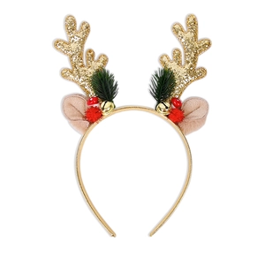 Serre-tête bois de renne de Noël avec paillettes dorées, clochettes et oreilles