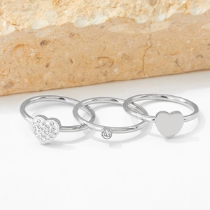 Set di tre anelli in acciaio inossidabile argento con cristalli a forma di cuore