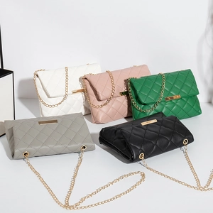 Korean Fashion Quilted Crossbody Bag For Women PU Leather Small Square Flap Bag With Gold Chain And Metal Bar Decoration