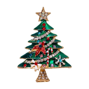 Enameled Christmas tree brooch with colorful rhinestones on gold base for sweaters