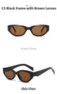 Front and side view of black polygon cat-eye sunglasses with tinted brown lenses