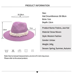 Purple straw fedora jazz hat with pearl band and size specifications for summer fashion
