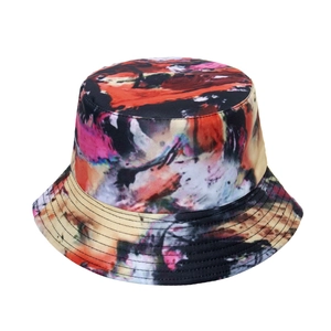 Colorful oil painting tie-dye bucket hat with abstract art print and reinforced brim