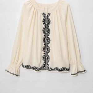 Blouse vintage brodée pour femme en crème et lin de coton à coupe décontractée