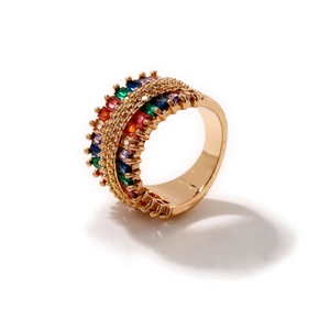 18K gold multi-layered ring featuring colorful baguette zircon stones and clear pavé accents