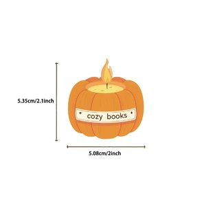 Detail of cozy books pumpkin sticker showing dimensions 5.35cm for laptop and guitar decor