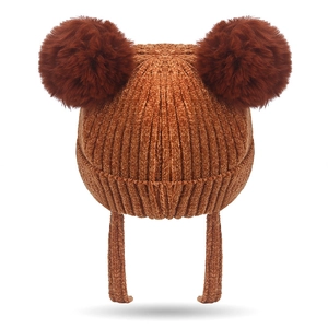 Ginger brown baby winter knit hat with double dark brown pom-poms and earflaps