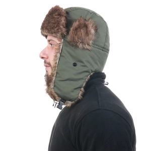 Side view of olive green waterproof winter trapper hat with brown faux fur and buckle