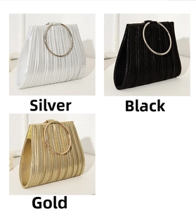 Three pleated evening clutch bags in silver, black and gold with round metal handles