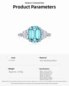 Detail view of 925 sterling silver ring with 4ct emerald cut blue zircon and moon side stones